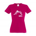 Fuchsia spalvos moteriški marškinėliai su užrašu Aukštyn ir žemyn kartu