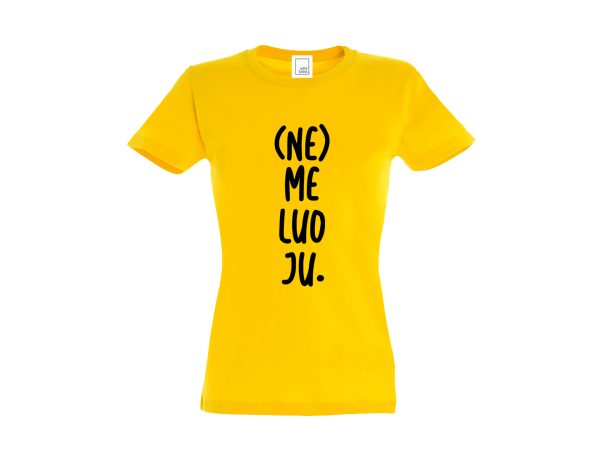 Geltoni moteriški marškinėliai su užrašu (Ne)meluoju