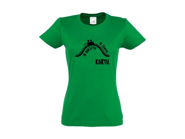 Žali moteriški marškinėliai su užrašu Aukštyn ir žemyn kartu