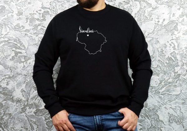unisex modelio džemperis su užrašu mano miestas Šiauliai ir Lietuvos kontūru