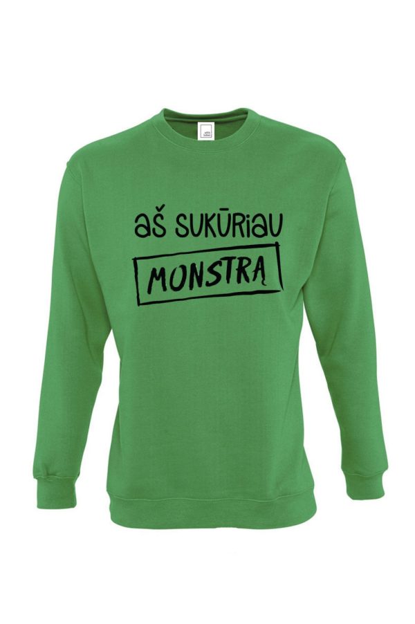 žalias džemperis su užrašu aš sukūriau monstrą mamai arba tėčiui