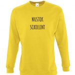 Geltonas džemperis su užrašu Nustok Scrollint