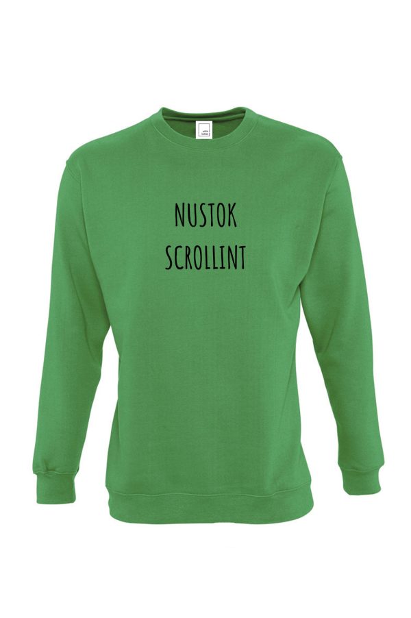 Žalias džemperis su užrašu Nustok scrollint