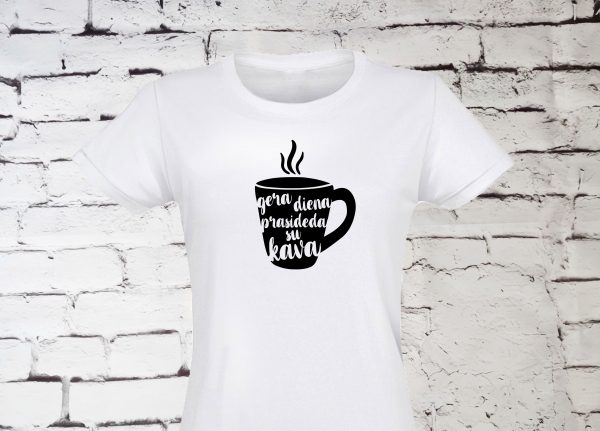 Balti moteriški marškinėliai Gera diena prasideda su kava