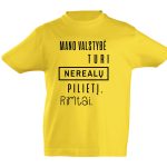 Geltoni vaikiški marškinėliai su užrašu Mano valstybė turi nerealų pilietį