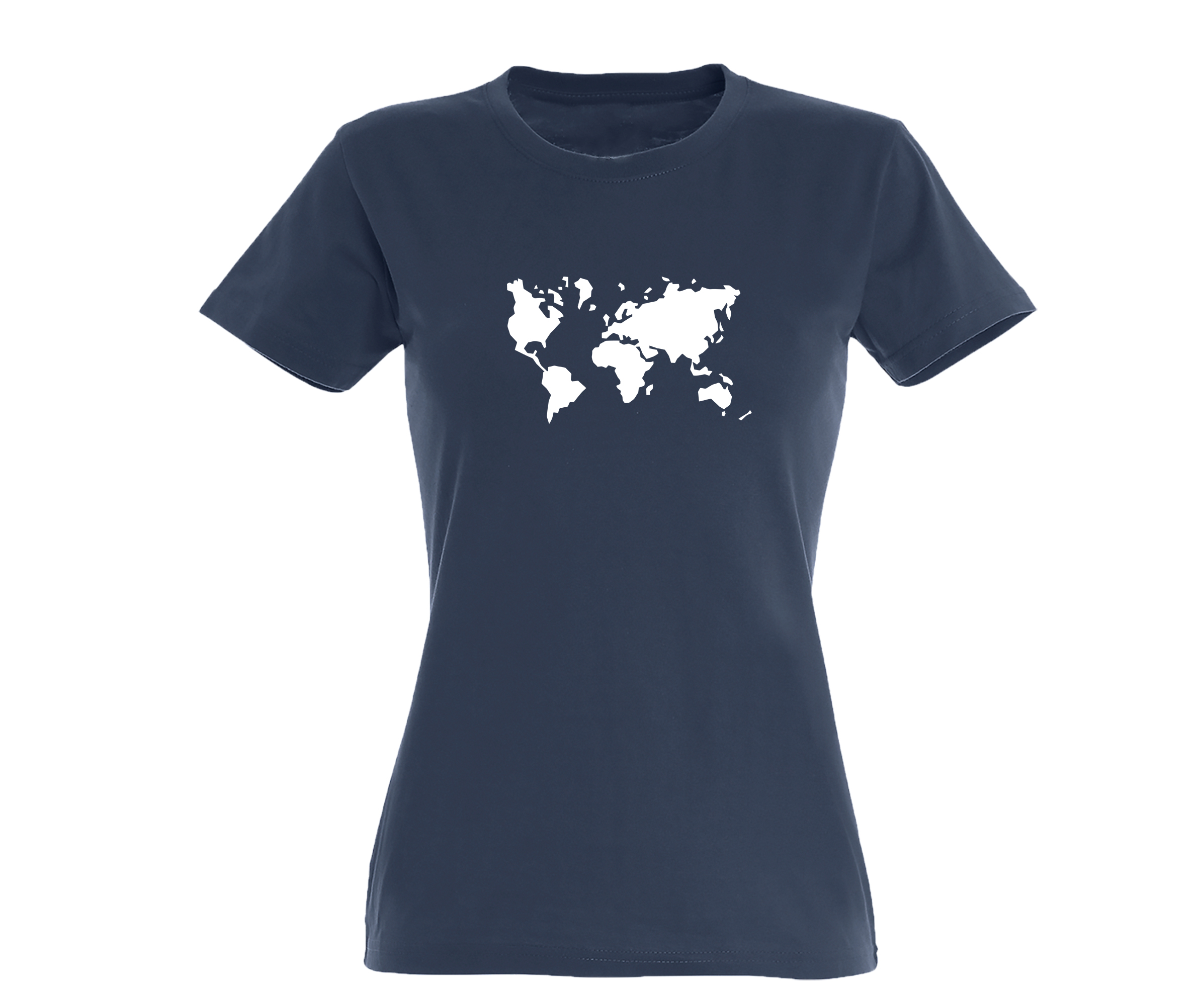 Denim spalvos moteriški marškinėliai Pasaulio žemėlapis